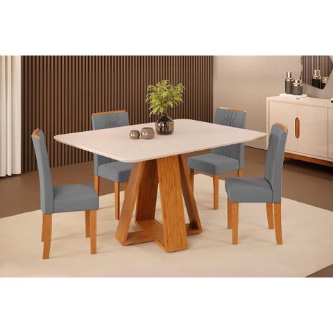 Sala de Jantar Completa Celeste C/ Tampo Madeirado C/ Vidro Curvo 120x90cm e 4 Cadeiras Zoe Freijo/