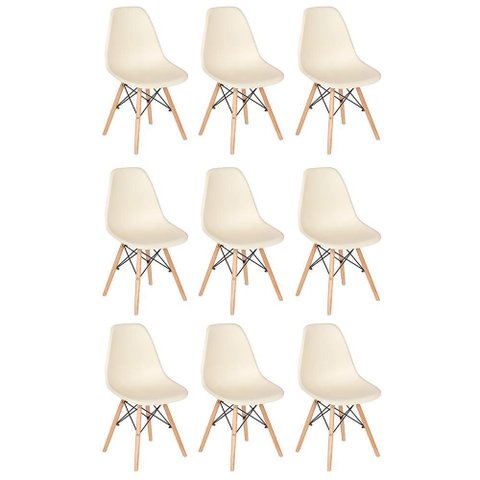 Kit 9 Cadeiras Charles Eames Eiffel Dsw com Pés de Madeira Clara Creme Preto