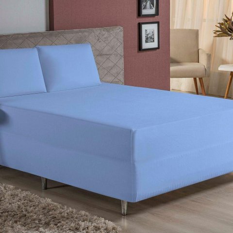 Jogo de Cama King Nobre 3 Peças Luva de Box 55cm de Altura Malha 100% Algodão - Azul-bebê