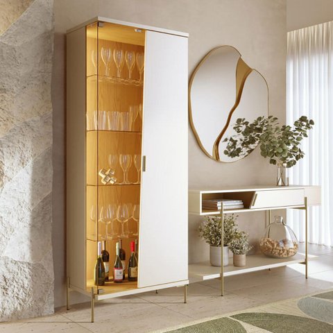 Kit Aparador 135cm e Cristaleira 2 Portas Pés Industrial Dourado Mosele C04 Off White Matte Freijó -