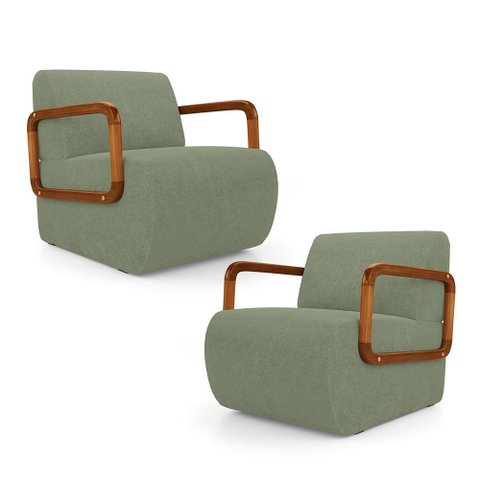 Kit 02 Poltronas Decorativas Orgânica Living Kavya Bouclê Verde Oliva - Abmaza