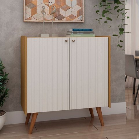 Balcão Buffet 100% MDF 2 Portas Pés em Madeira Maciça Bege/Cinamomo/White