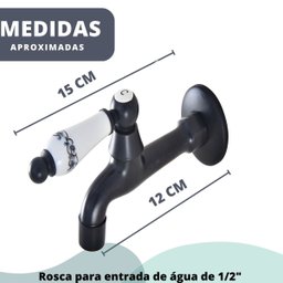 Torneira de Parede para Banheiro Lavabo em Latão Cor Preta Provençal Retro c/ Detalhe em Cerâmica - 2