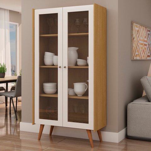 Cristaleira 2 Portas de Vidro Molduras com Detalhes em 45° 100% MDF Bege/Cinamomo/White