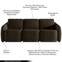 Sofá Cama Modulado Retrátil e Reclinável Decorativo Varsóvia 276cm Veludo Marrom G33 - Gran Belo - 3