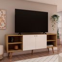Ver imagem 1 de Rack para TV até 65 Polegadas 100% MDF 160cm Pés em Madeira Maciça Molduras 45° 2 Portas e Bege