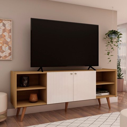 Rack para Tv até 65 Pol 100% Mdf Molduras 45° 2 Portas e Pés em Madeira Maciça
