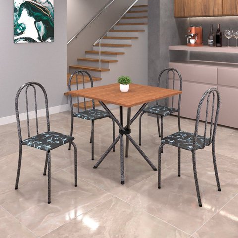 Conjunto de Mesa Tubular 70x70cm Tampo em MDF com 4 Cadeiras Ane B Prata/Preto Floral/Mart