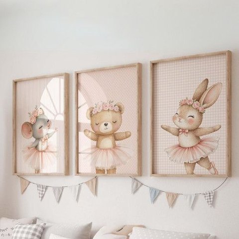 Kit 3 Quadros Decorativos Infantil Bailarina Das Estrelas Quarto Bebê 30x40 Moldura Madeira