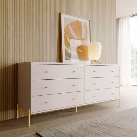 Cômoda 6 Gavetas Jasper 178 cm Branco/Off- White Fosco com Dourado