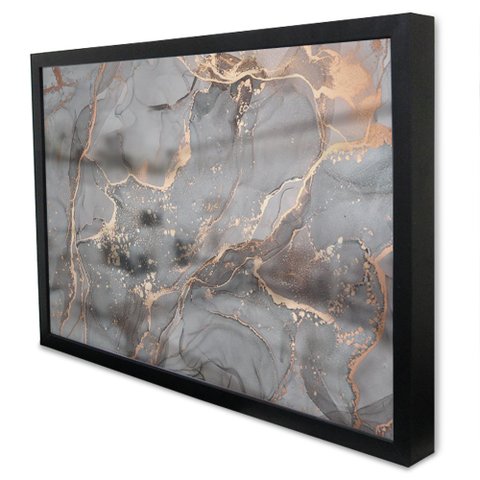 Quadro Decorativo Caixa Alta com Vidro Abstrato Mármore Cinza Perolado TaColado Moldura Preta 90 x 6