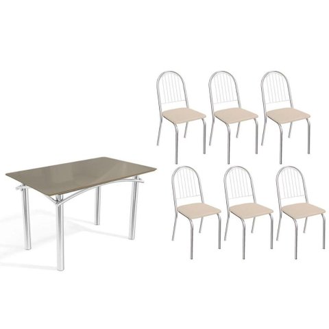 Conjunto: Mesa de Cozinha Elba Tampo Madeirado C/ Vidro 120cm e 6 Cadeiras Noruega Cromada/freijo