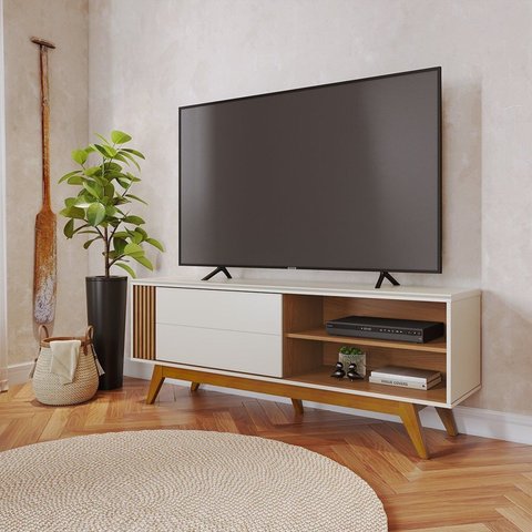 Rack Ripado para TV até 60 Polegadas 160,4cm Pés em Madeira Maciça Porta Deslizante Otawa Branco