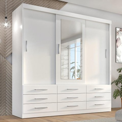 Guarda-Roupa Casal 3 Portas Correr 9 Gavetas com Espelho Capri