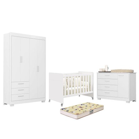 Dormitório Zaki Guarda Roupa, Cômoda e Berço Evolution Branco Fosco com Colchão Supreme - Reller