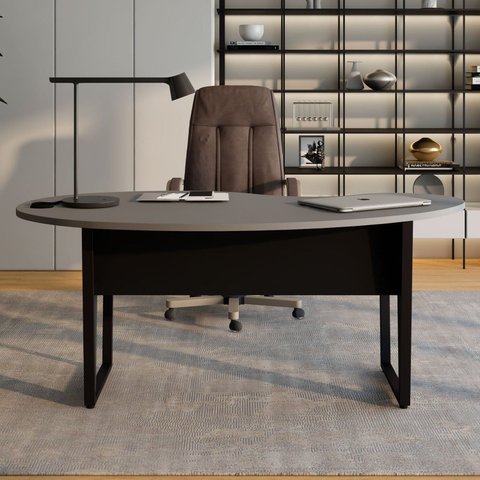 Mesa Escrivaninha Orgânica Linear 175CMX92CM com Pés Metal para Escritório Corporate F5 Cinza/Preto