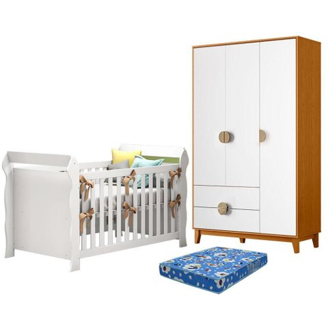 Berço Americano Lara com Colchão Ortobom com Guarda Roupa Ipê 3 Portas Branco Cinamomo-Móveis