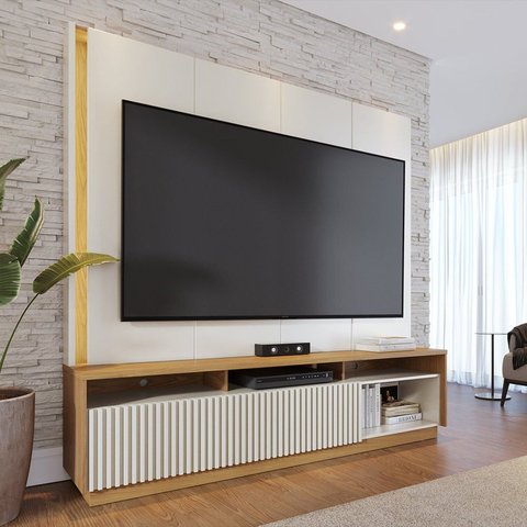 Estante Ripado para TV até 75 Polegadas com LED 200CMX198,2cm 2 Portas Jordão Branco