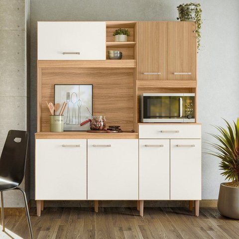Armário de Cozinha Compacta 7 Portas 1 Gaveta Yara Branco/Freijó/Off White