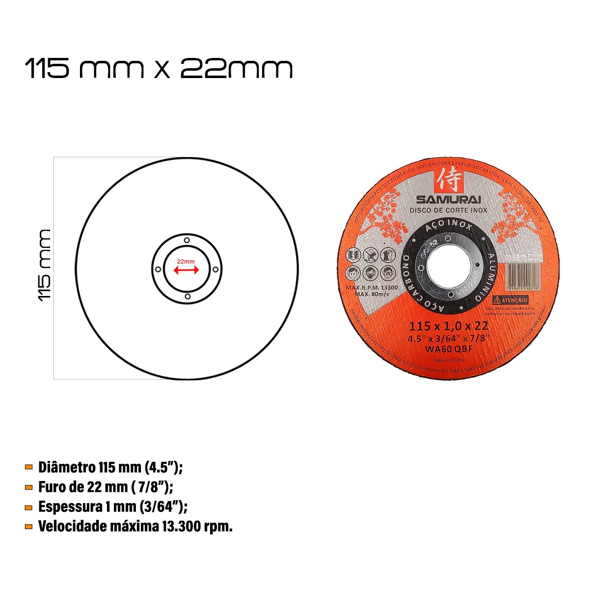 Kit 50 Discos de Corte Inox 1mm Samurai 115x22mm + 2 Trenas - 2