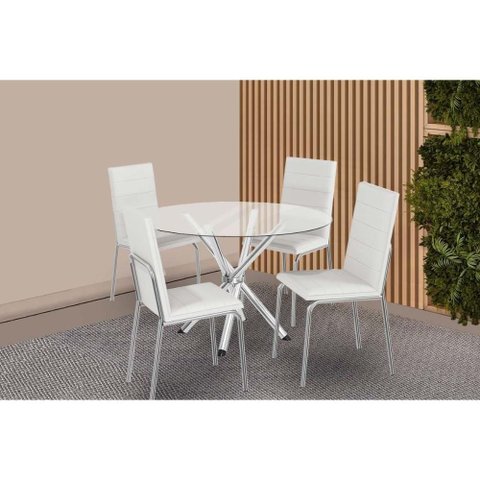 Conjunto: Mesa Sala Jantar Volga C/ Tampo de Vidro 95cm e 4 Cadeiras Amsterdã Cromada - Courano