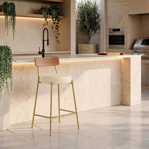 Banqueta Cozinha Média Encosto Castanho Industrial Dourado Londrina PU D03 - D'Rossi