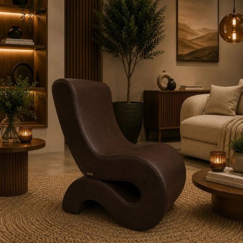 Poltrona Decorativa Marina Corino Modena Orgânica Moderna Marrom Corino Modena