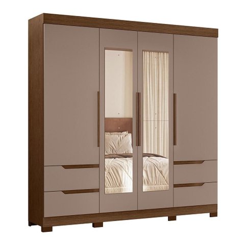 Guarda Roupa Casal Vivacce 4 Portas de Bater 4 Gavetas com Espelho Nogueira-Capuccino Albatroz