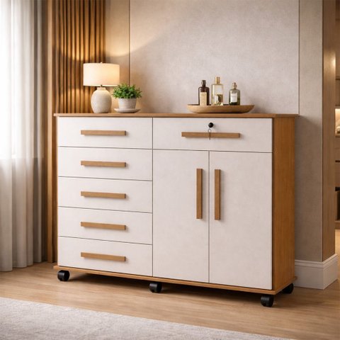 Cômoda Grande c/ Rodinhas para Organização Gran Luxo Porta TV Rack e Gavetas Amplas Nature/Off-White