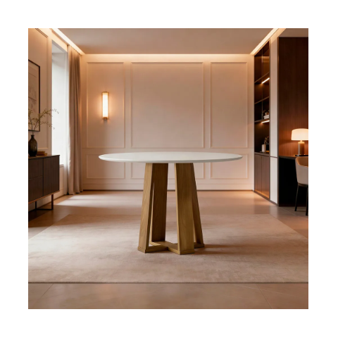 Mesa de Jantar 4 Lugares Redonda 100cm Tampo MDF com Vidro Belly N01 Ypê Off White - Lyam Decor
