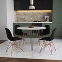Ver imagem 1 de Mesa De Jantar Redonda 90Cm Branca Clips 3 Pés Com 4 Cadeiras Pretas Base Cobre Cor: Branco