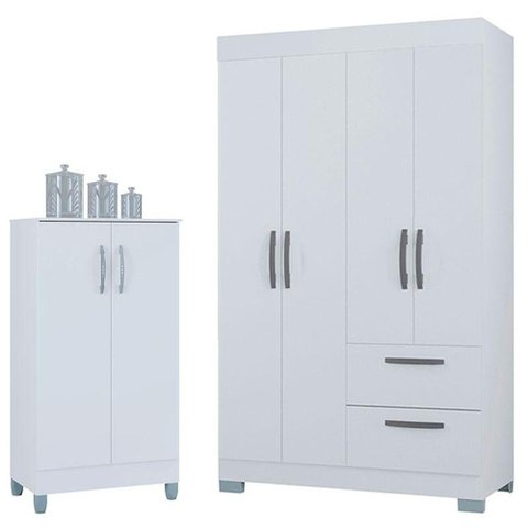 Guarda Roupa Solteiro Tóquio 4 Portas com Armário Multiuso 2 Portas Pequeno Branco Brilho -