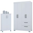 Ver imagem 1 de Guarda Roupa Solteiro Tóquio 4 Portas com Armário Multiuso 2 Portas Pequeno Branco Brilho -