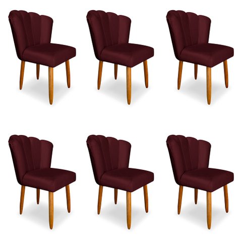 Kit 6 Cadeiras de Jantar Pétala Estofada Pés Palito Veludo Bordô - Montanaris Decor