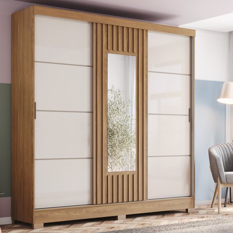 Guarda Roupa 3 Portas Deslizantes com Aplique Ripado Royal Marrom/Nature/Off White