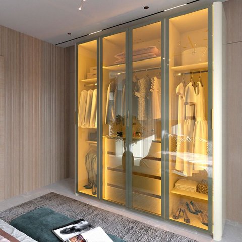 Guarda-Roupa Solteiro Lúmine 4 Portas 4 Gavetas com Vidro e LED 100% MDF Off White - Pnr Móveis