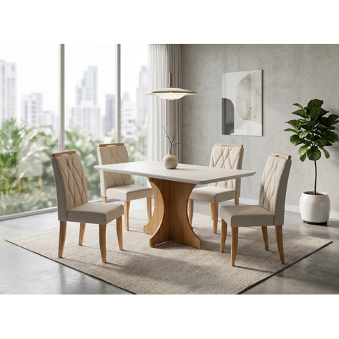 Sala de Jantar Londres 120cm c/Vidro com 4 Cadeiras Madeira Maciça Siena Cinamomo/Off Linho Cru