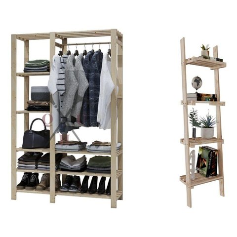 Kit Estante Reforçado Organizar 100% Pinus para Brinquedos 4 Planos e Cabideiro Montessoriano C/ 8