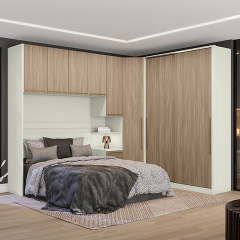Quarto Modulado Casal Completo 8 Portas 6 Gavetas Canto Oblíquo Seletto Marrom/Areia HP/Jequitibá