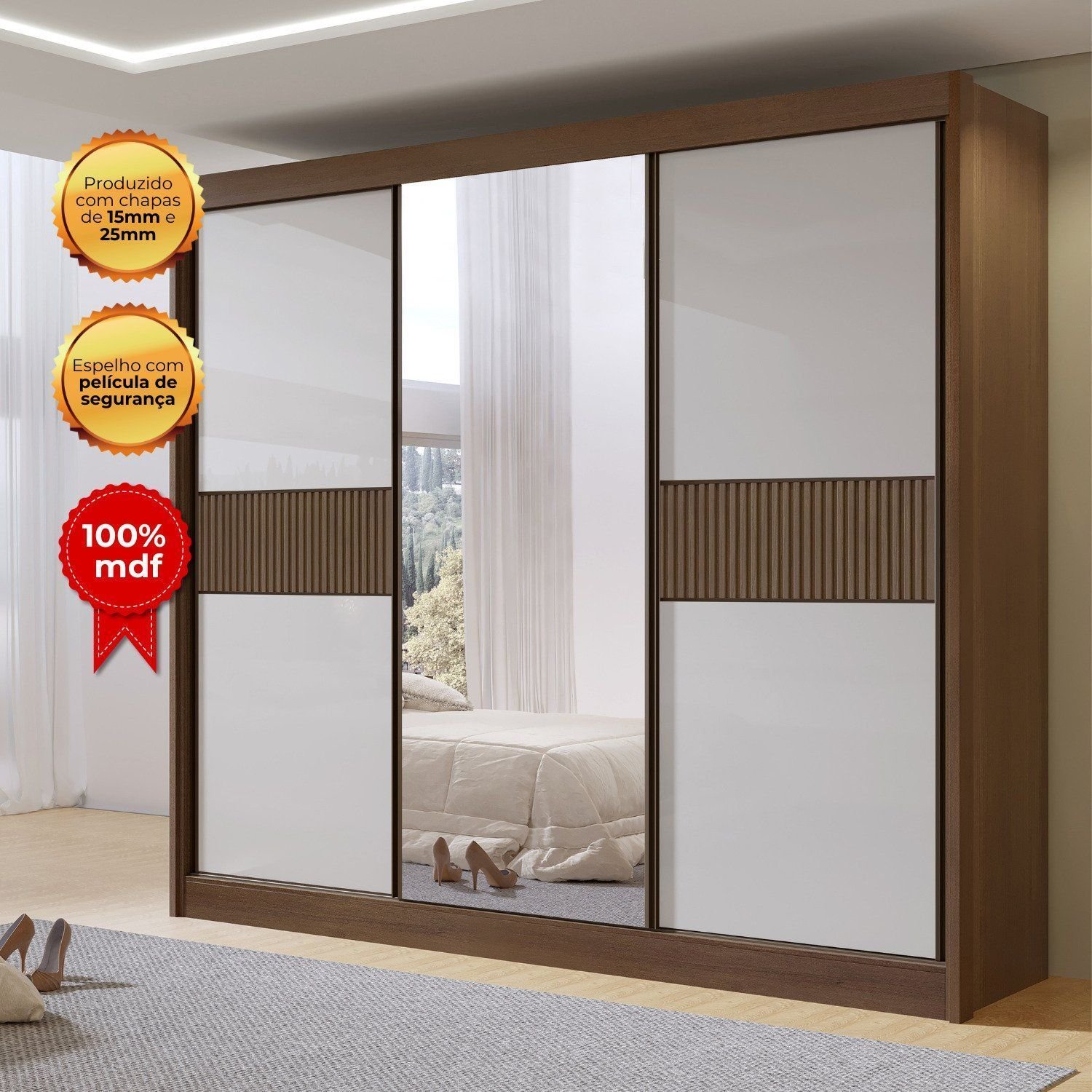 Guarda-Roupa Casal Ripado 3 Portas de Correr com Espelho 100% MDF