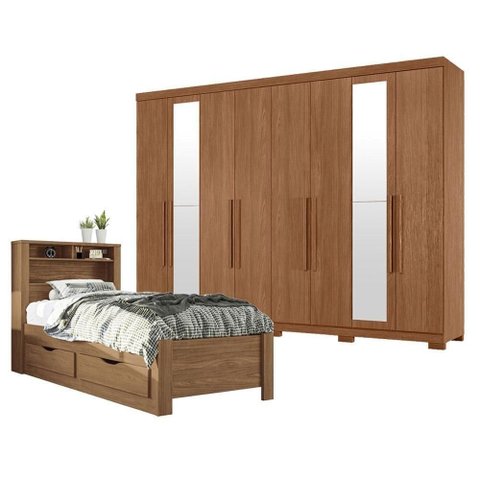 Guarda Roupa Casal Master New 8 Portas 4 Gavetas MDP com Espelho e Pés Cama Solteiro Jatobá Santos