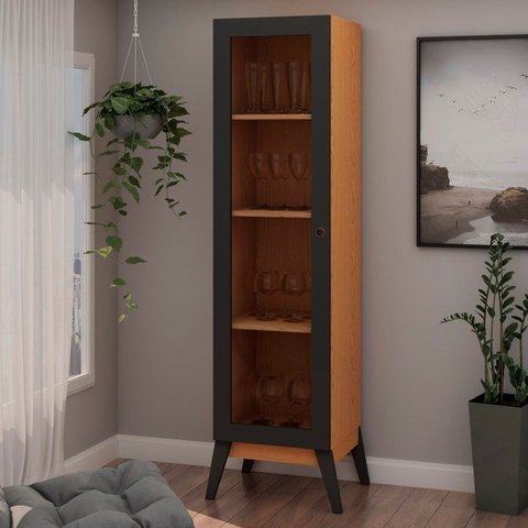 Cristaleira 1 Porta Vidro Pés Madeira Cinamomo e Preto 158cm Genialflex