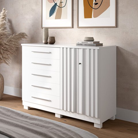 Cômoda 2 Portas 5 Gavetas com Sapateira 100% MDF 136cm Gérbera Espresso Móveis Branco