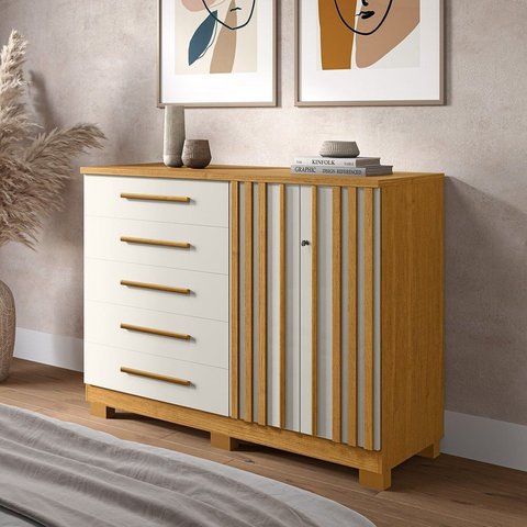 Cômoda 2 Portas 5 Gavetas com Sapateira 100% MDF 136cm Gérbera Espresso Móveis Bege/Cinamomo/Off-White