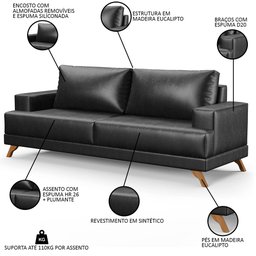 Sofá 200cm 3 Lugares Pés Curvos Santi Sintético D05 Preto - Mpozenato - 3