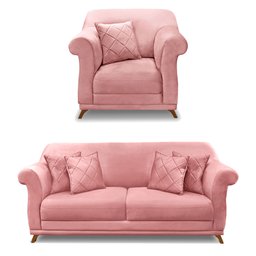 Kit Poltrona e Sofá Living 2 Lugares 1,60m Vênus Veludo Rosa Pés Castanho - Pallazio - 1