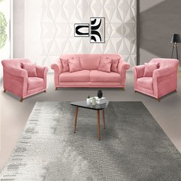 Kit Poltrona e Sofá Living 2 Lugares 1,60m Vênus Veludo Rosa Pés Castanho - Pallazio - 2