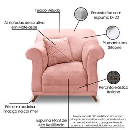 Kit Poltrona e Sofá Living 2 Lugares 1,60m Vênus Veludo Rosa Pés Castanho - Pallazio - 7