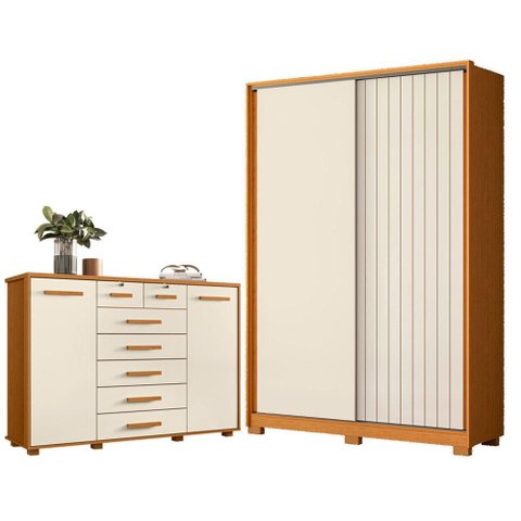 Guarda Roupa Solteiro Frizatto e Cômoda Fontana Cinamomo Off White - Móveis Albatroz