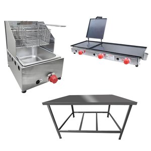 Kit Lanchonete Mesa de Manipulação 100x55cm + Fritadeira a Gás 1 Cuba + Chapa a Gás 90cm